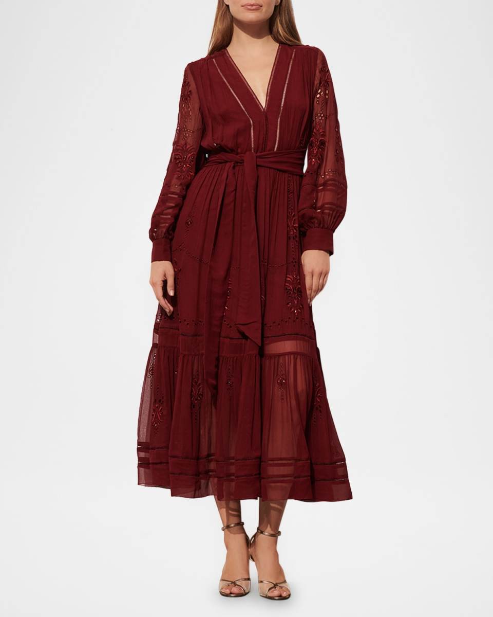 Sierra Embroidered Long-Sleeve Belted Midi Dress