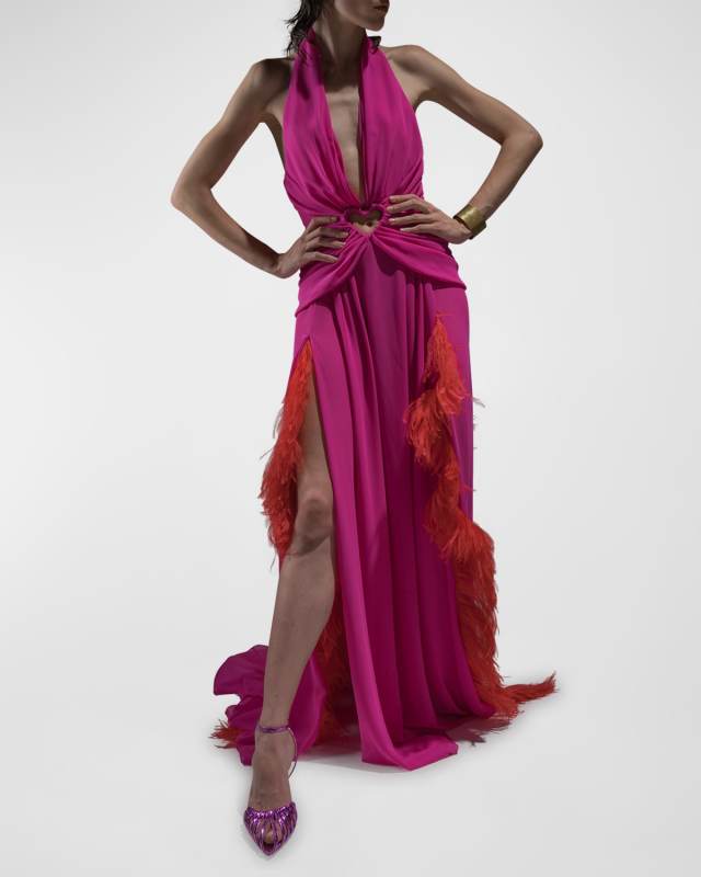 Maria Carla Plunging Side-Slits Ruched Gown w/ Feather Trim