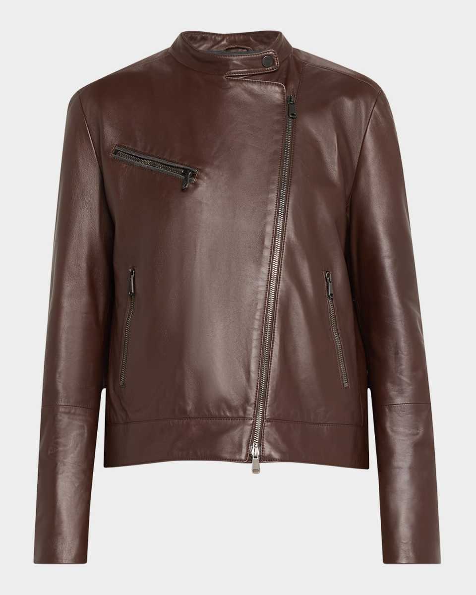 Smooth Glove Leather Biker Jacket With Monili Zip Pocket