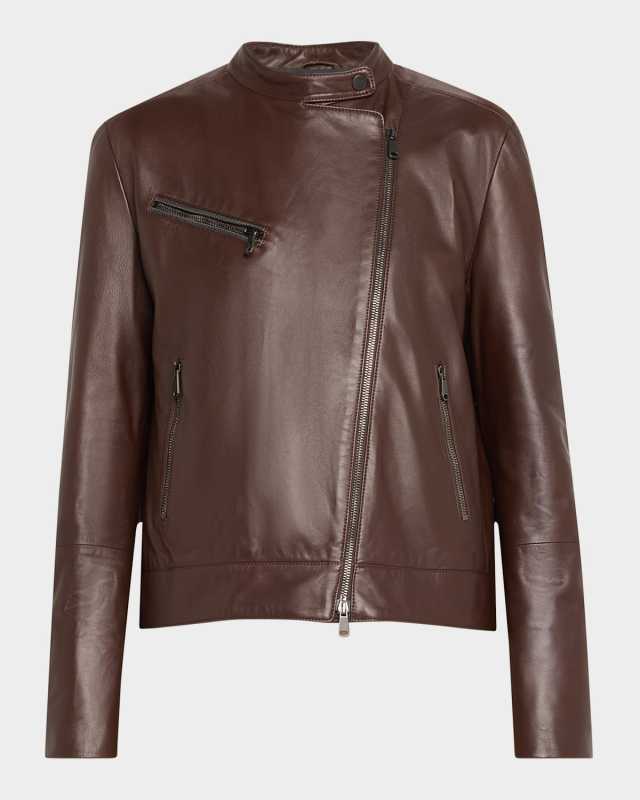 Smooth Glove Leather Biker Jacket With Monili Zip Pocket