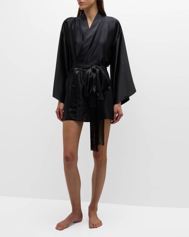 Fringe-Trim Silk Mini Kimono Robe