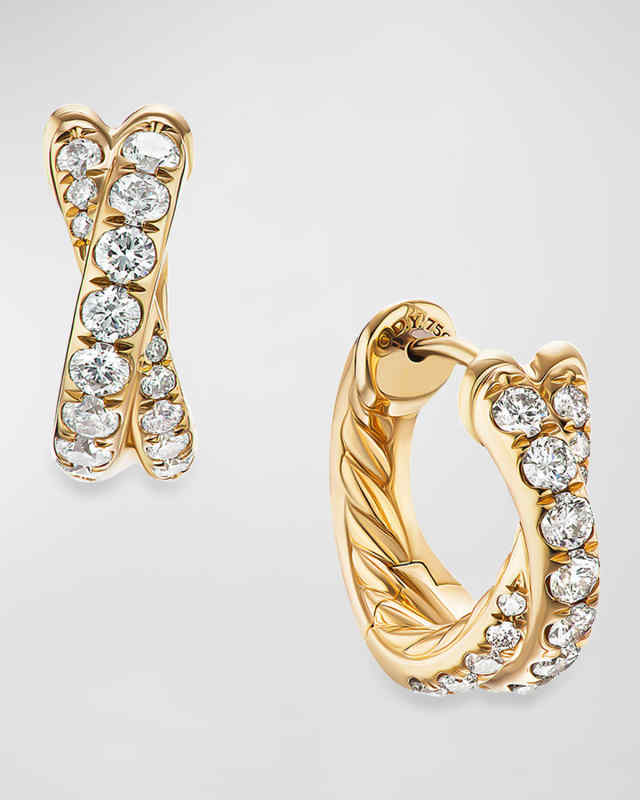 Pave Crossover Hoop Earrings with Diamonds in 18K Gold, 5mm, 0.5"L