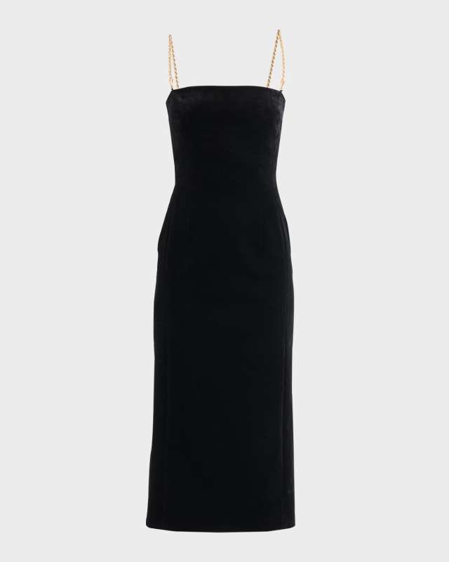 Sleeveless Chain-Straps Velvet Midi Dress