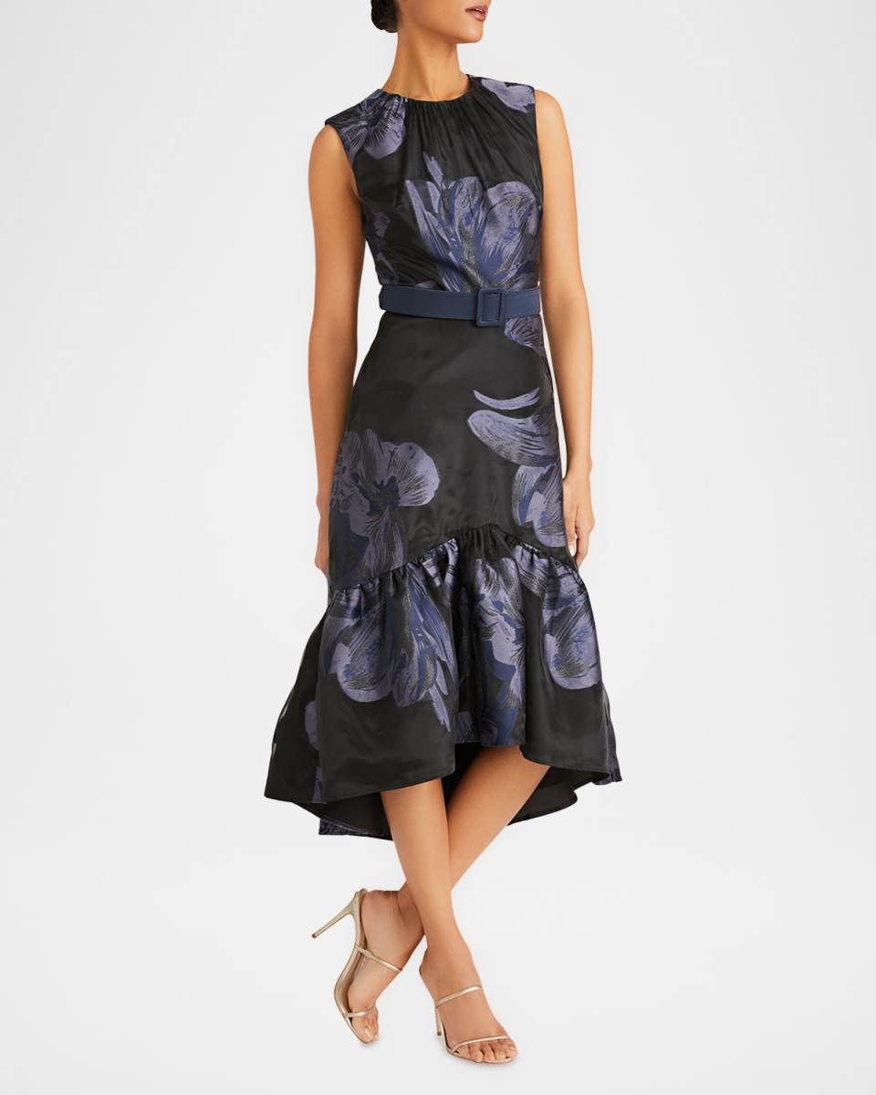High-Low Belted Floral-Print Midi Dress