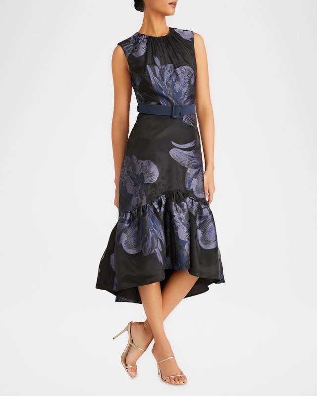 High-Low Belted Floral-Print Midi Dress