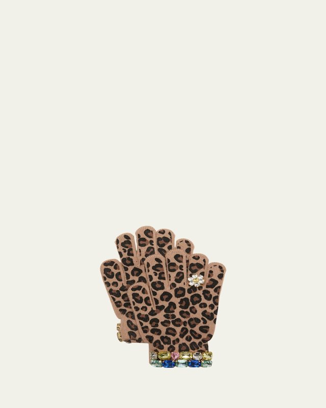 Girl's Leopard-Print Embellished Gloves