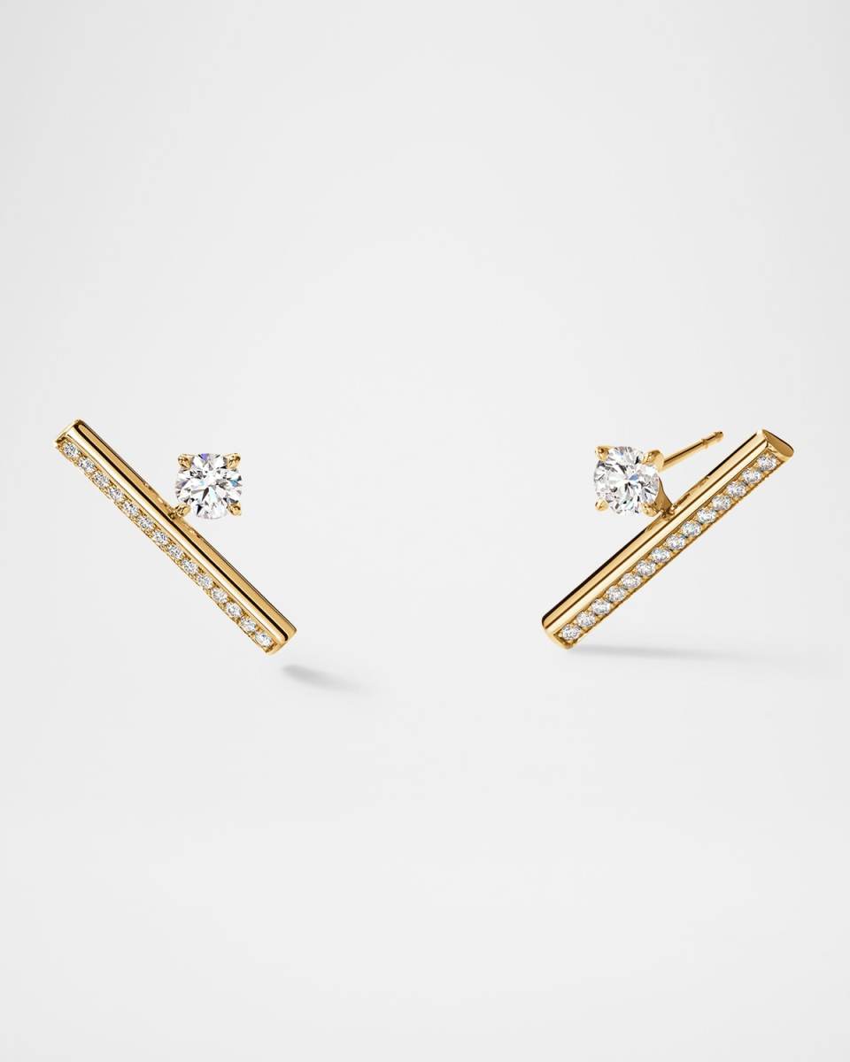 18K Yellow Gold Barre Floating Single Diamond Pave Climber Earrings