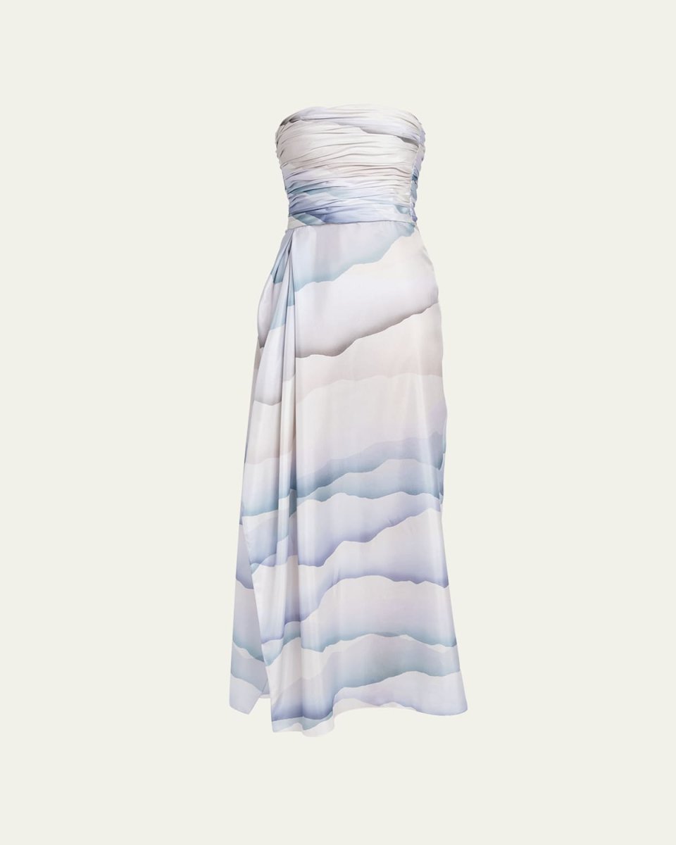 Printed Strapless Ruched Silk Dress