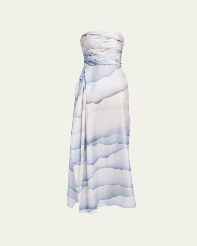 Printed Strapless Ruched Silk Dress