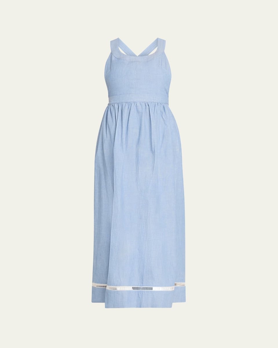 Chambray Cross-Back Ladder Lace Midi Dress