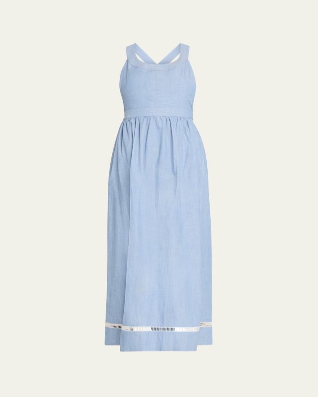 Chambray Cross-Back Ladder Lace Midi Dress