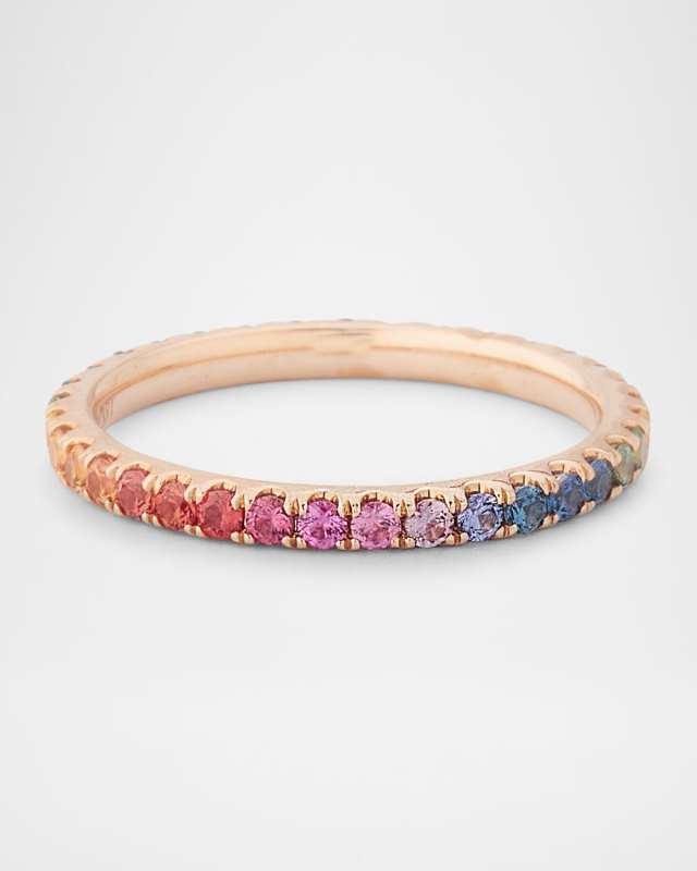 Rainbow 18K Rose Gold Rainbow Sapphire Skinny Band Ring, Size