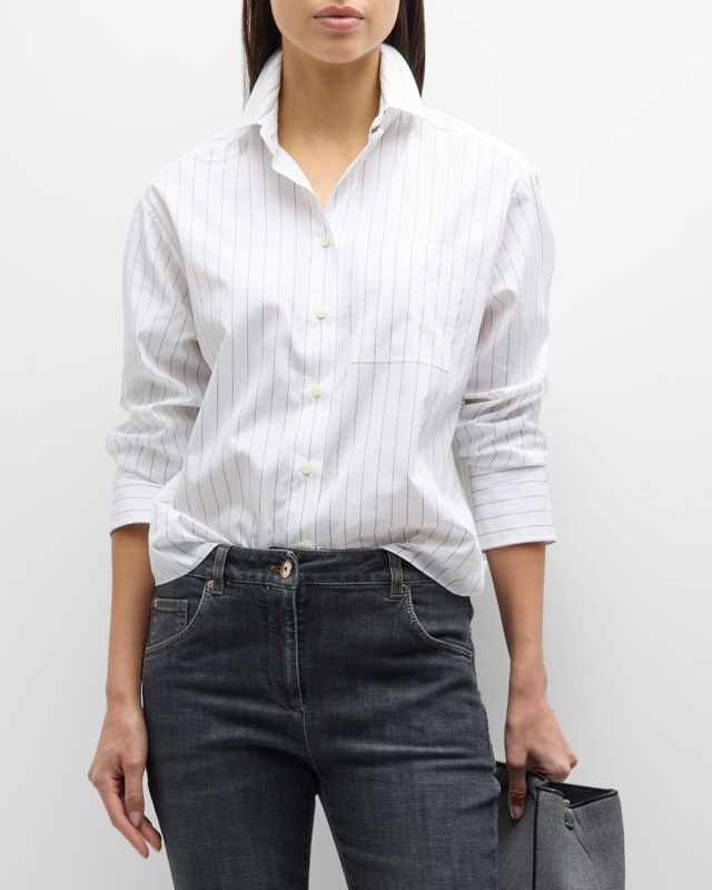 Cotton Poplin Pinstripe Blouse with Monili Coll