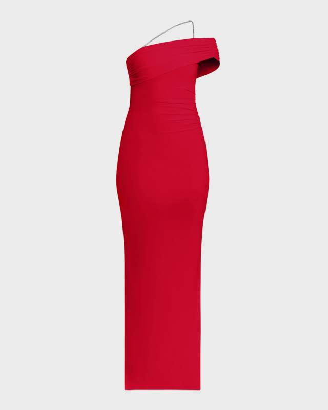 Crystal Strap Ruched One-Shoulder Gown