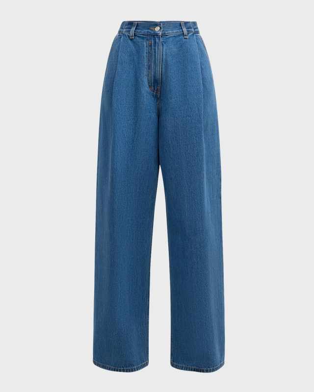 High-Rise Pleated Baggy Wide-Leg Denim Pants