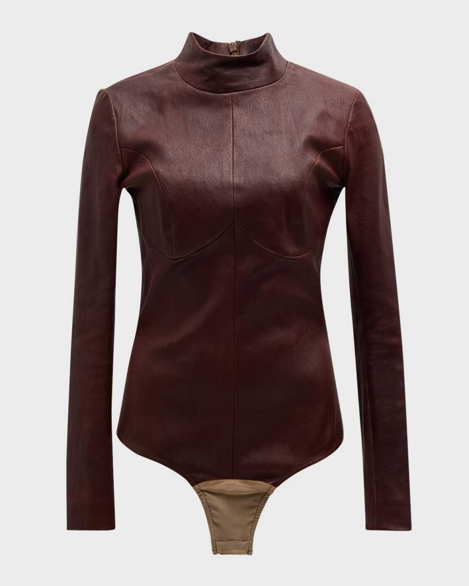 Mock-Neck Leather Bodysuit