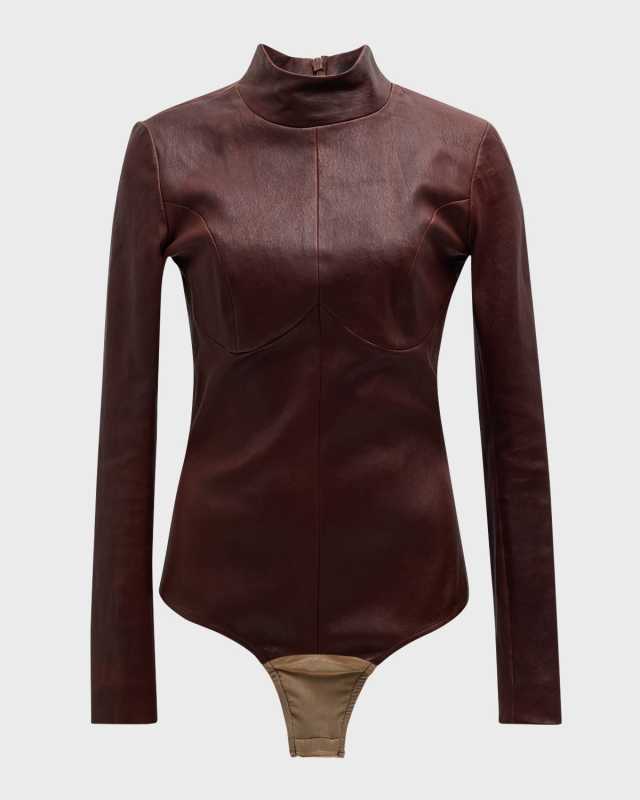 Mock-Neck Leather Bodysuit