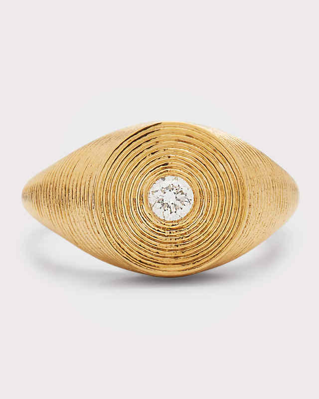 14K Gold Round Diamond Fluted Signet Ring