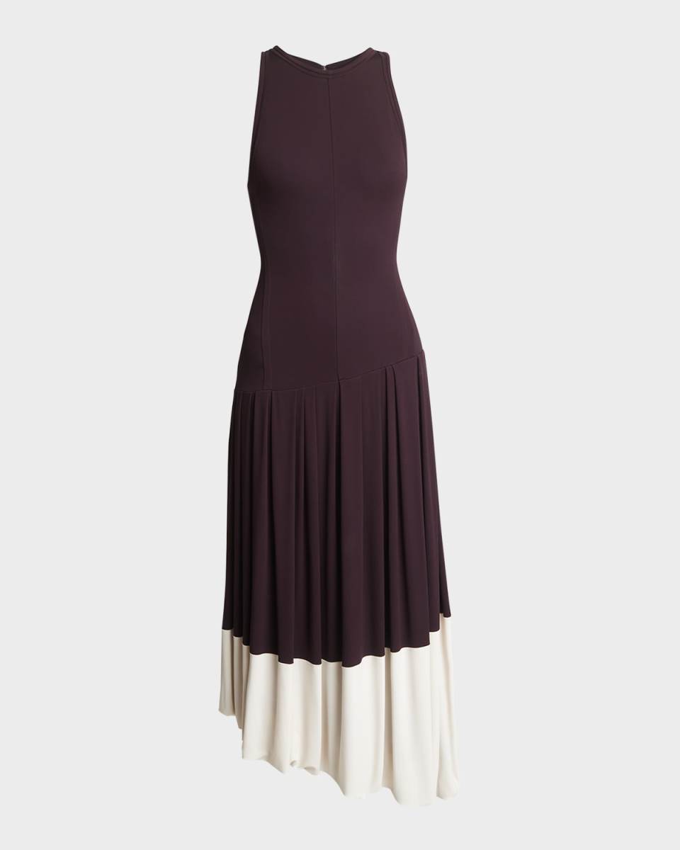 Sleeveless Asymmetric Bubble-Hem Midi Dress