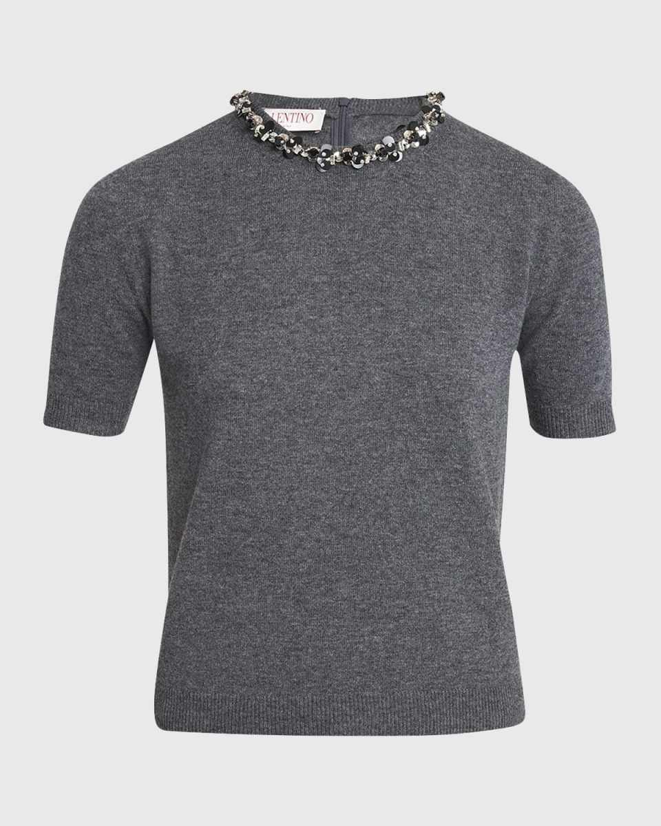 Wool Knit Sweater with Embroidered Neckline