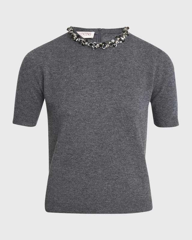 Wool Knit Sweater with Embroidered Neckline