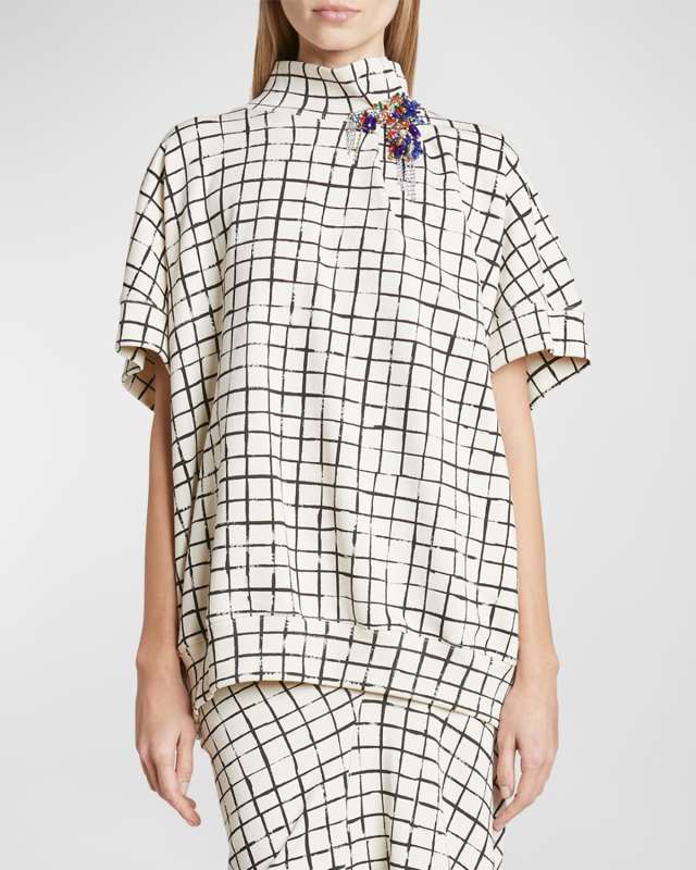 Halovara Grid Print Blouse with Rhinestone Details