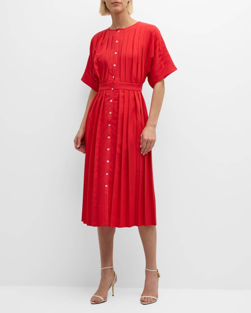 Pleated Button-Down Midi Dress