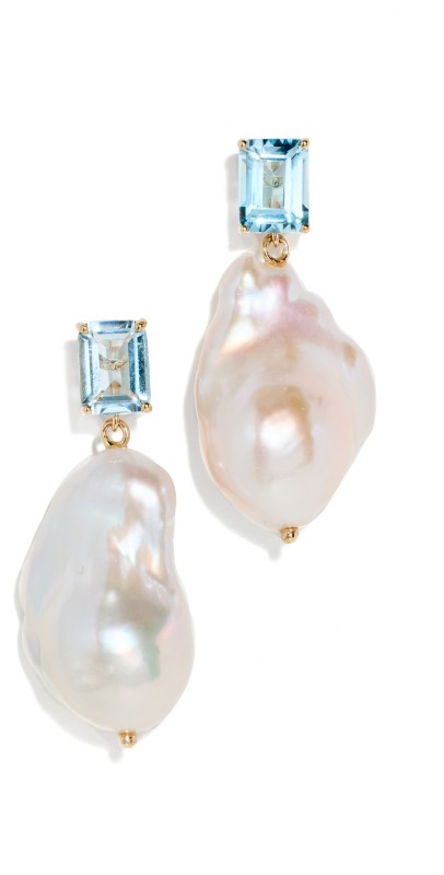 Mateo 14k Blue Topaz and Baroque Pearl Drop Earrings 14k Yellow Gold