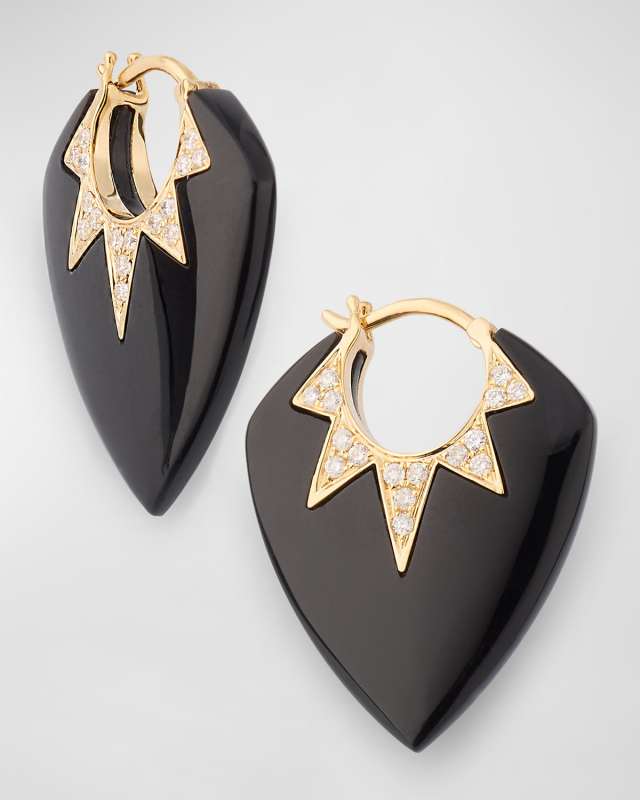 18K Yellow Gold Earrings with Black Onyx and GH/SI Diamonds. 25x20mm