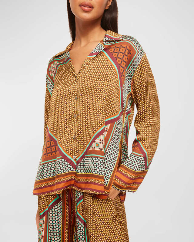 Isme Scarf-Print Long-Sleeve Button-Front Top