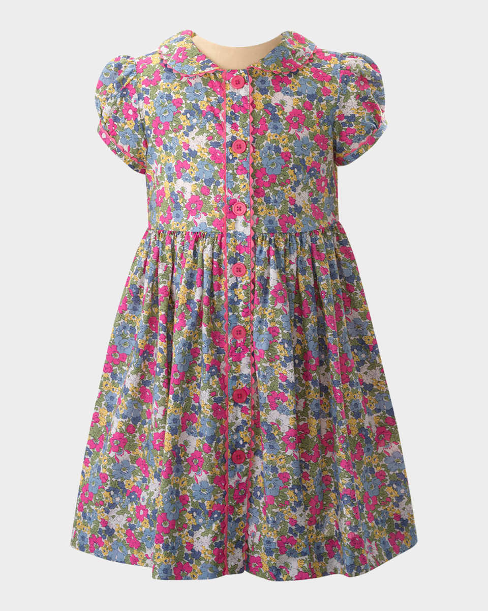 Girl's Peony Floral-Print Collared Dress, Size 2-10