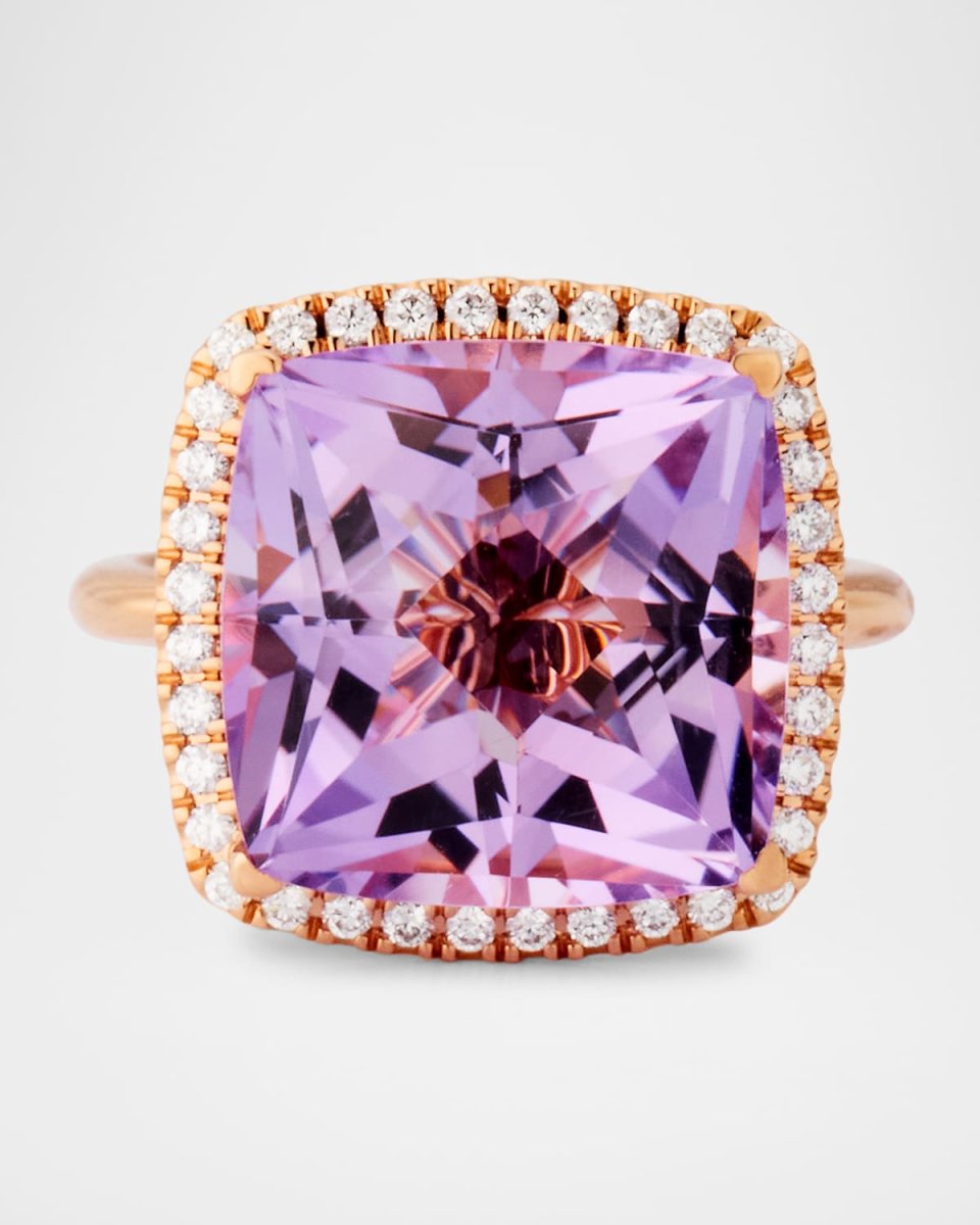 Rocks 18K Rose Gold Cushion Cut Rose de France Quartz and Diamond Halo Cocktail Ring, Size