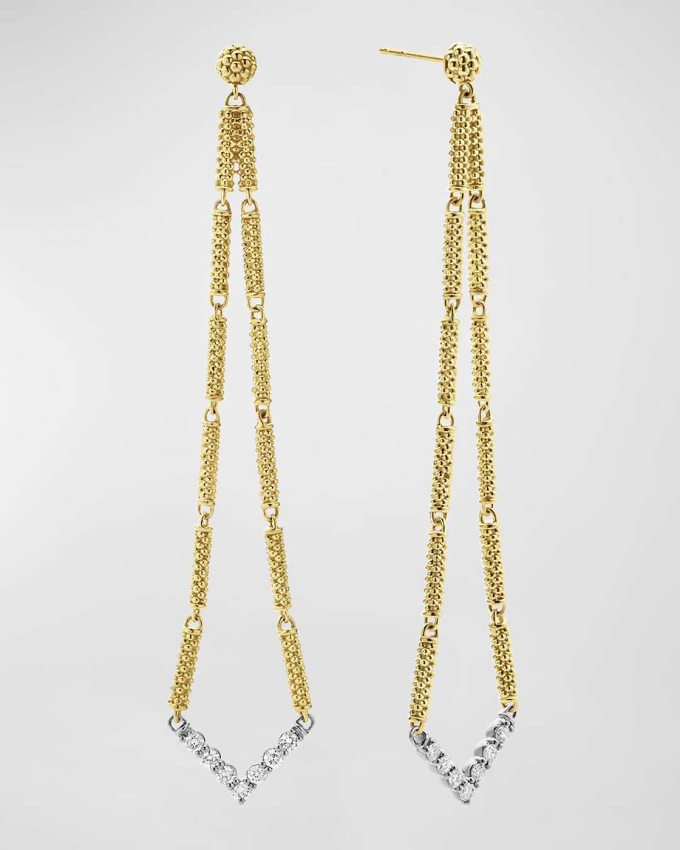 18K Gold Superfine Caviar Beading and Diamond Chevron-Shape Drop Earrings