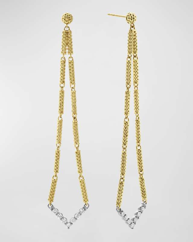 18K Gold Superfine Caviar Beading and Diamond Chevron-Shape Drop Earrings
