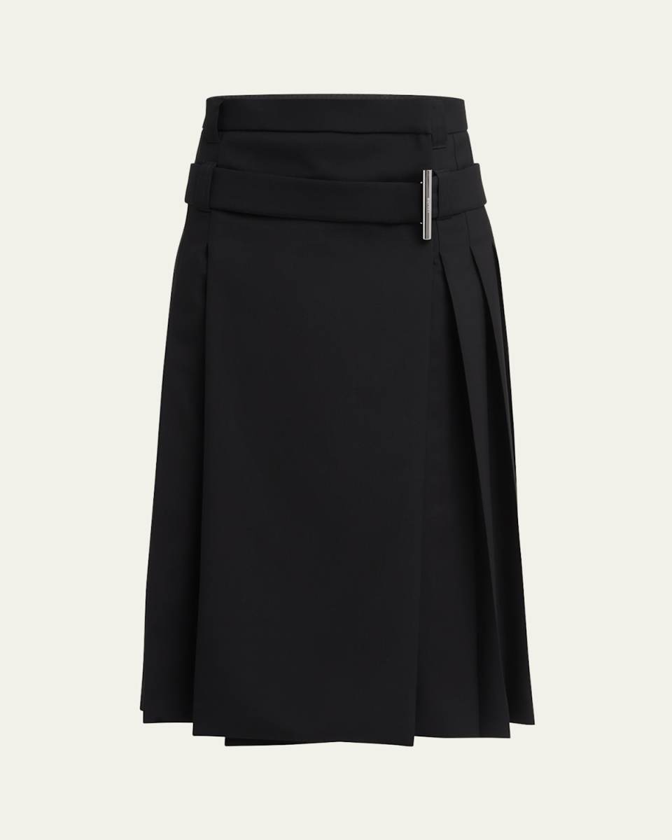 Belted Pleated Midi Wool Skirt