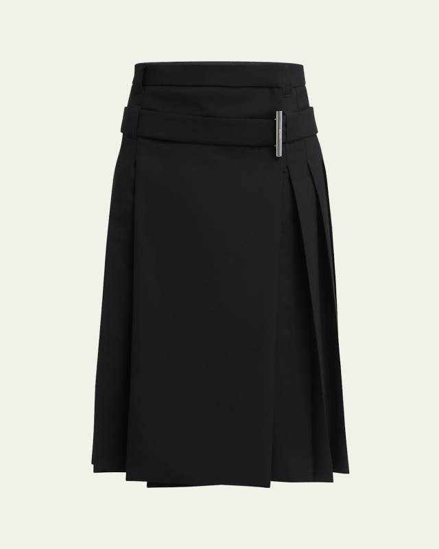 Belted Pleated Midi Wool Skirt