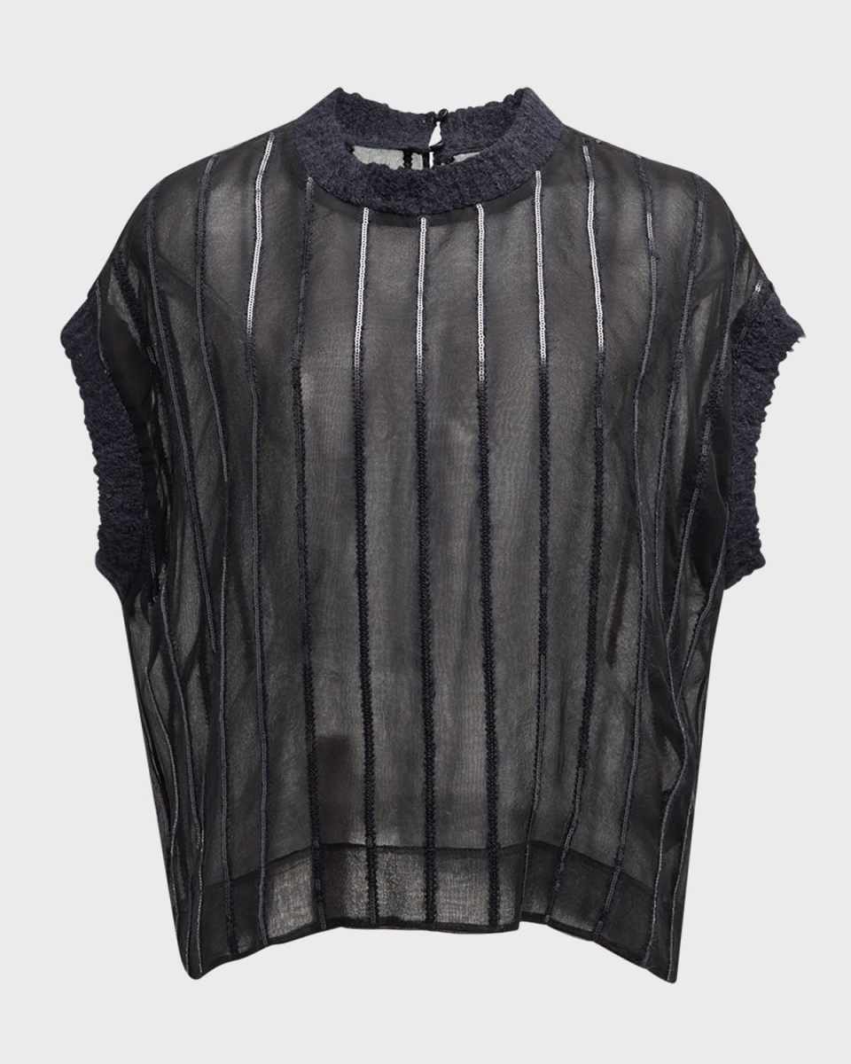 Sequin Wool Striped Crispy Silk Chiffon Blouse