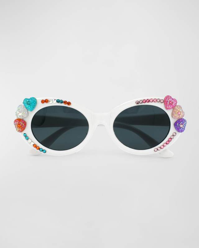 Girl's Pastel Heart & Rhinestoned Cat Eyed Sunglasses