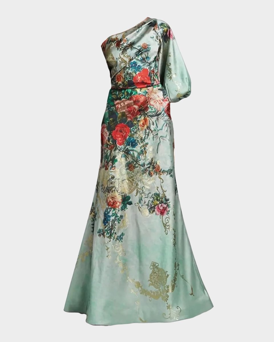 One-Shoulder Floral Jacquard Trumpet Gown