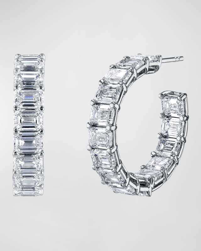18K Gold East-West Emerald-Cut Diamond Hoop Earrings, 7.25tcw/0.75"L