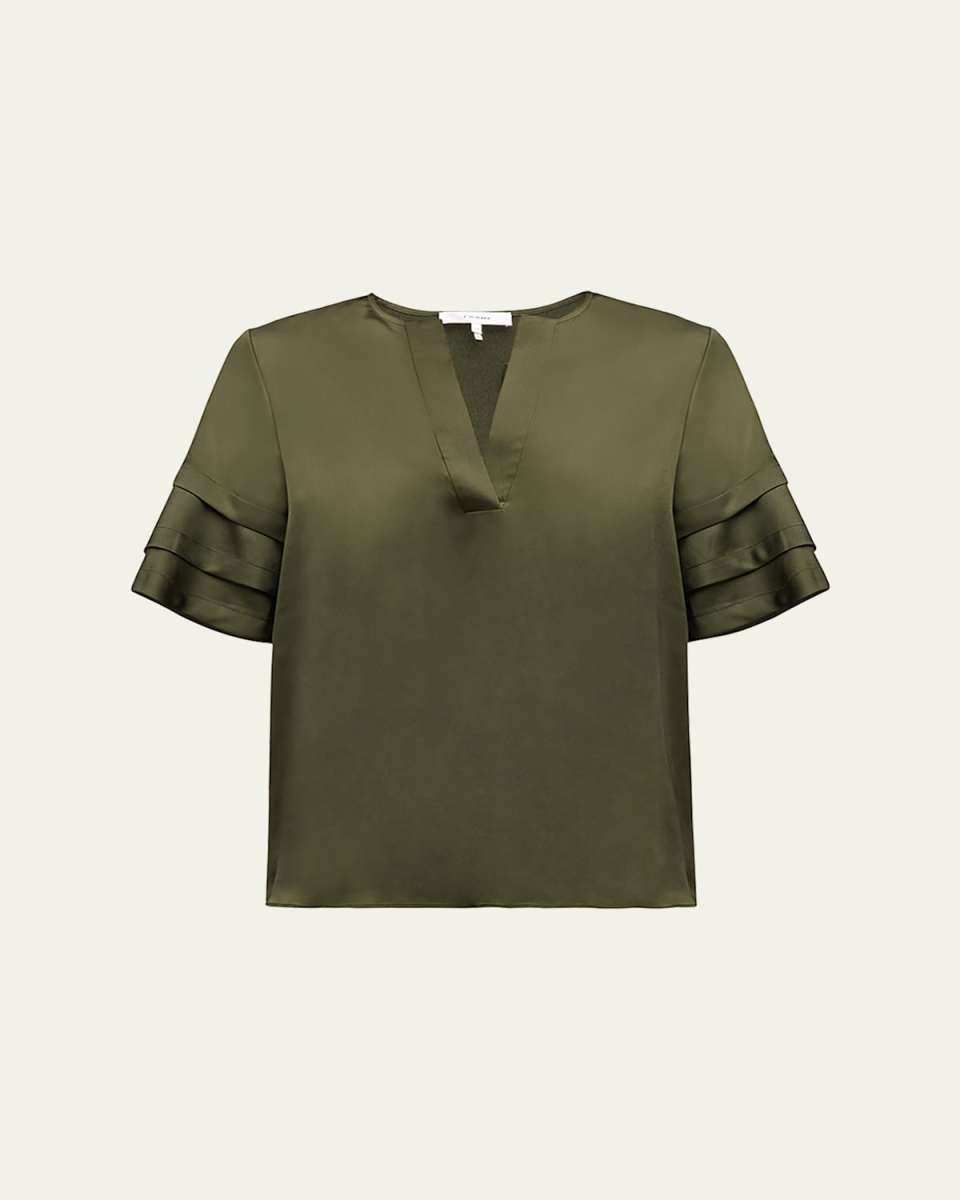 Tiered Short-Sleeve Satin Blouse