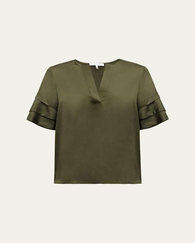 Tiered Short-Sleeve Satin Blouse