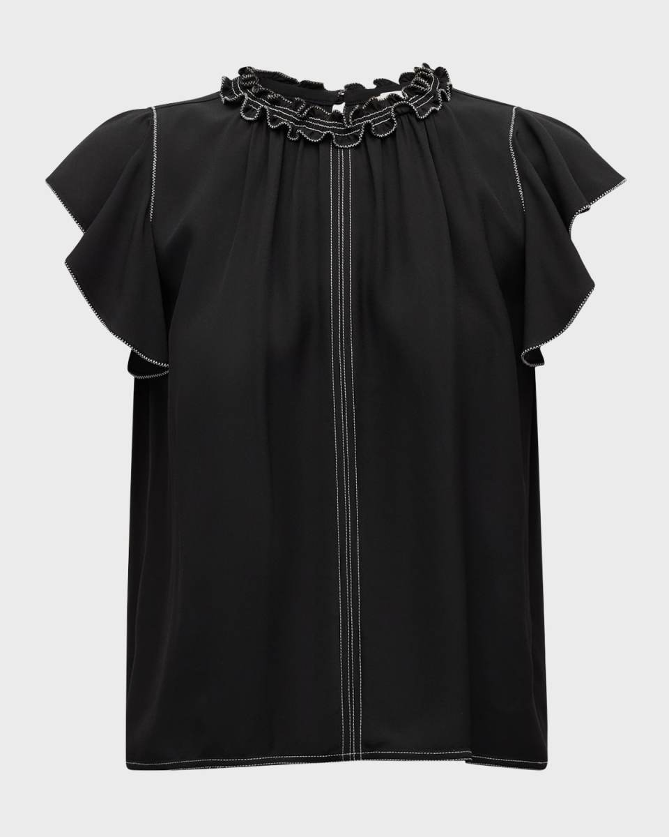Julia Topstitched Ruffle-Sleeve Top