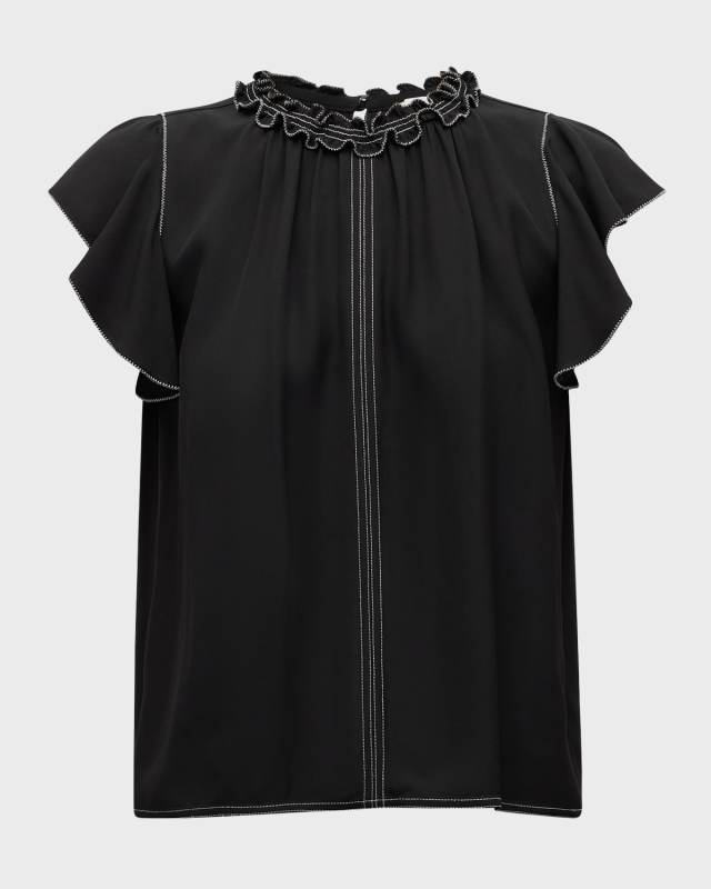 Julia Topstitched Ruffle-Sleeve Top