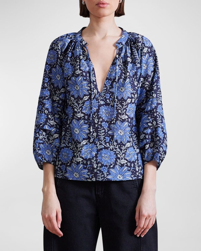 Tule Floral-Print Cotton-Silk Top
