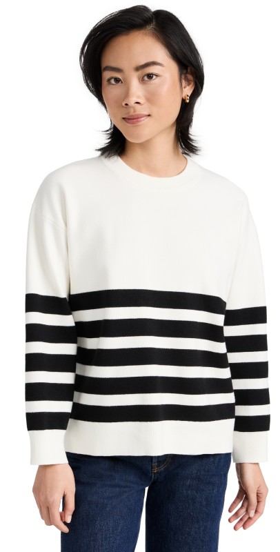 English Factory Stripe Round Neck Sweater Ivory/Black