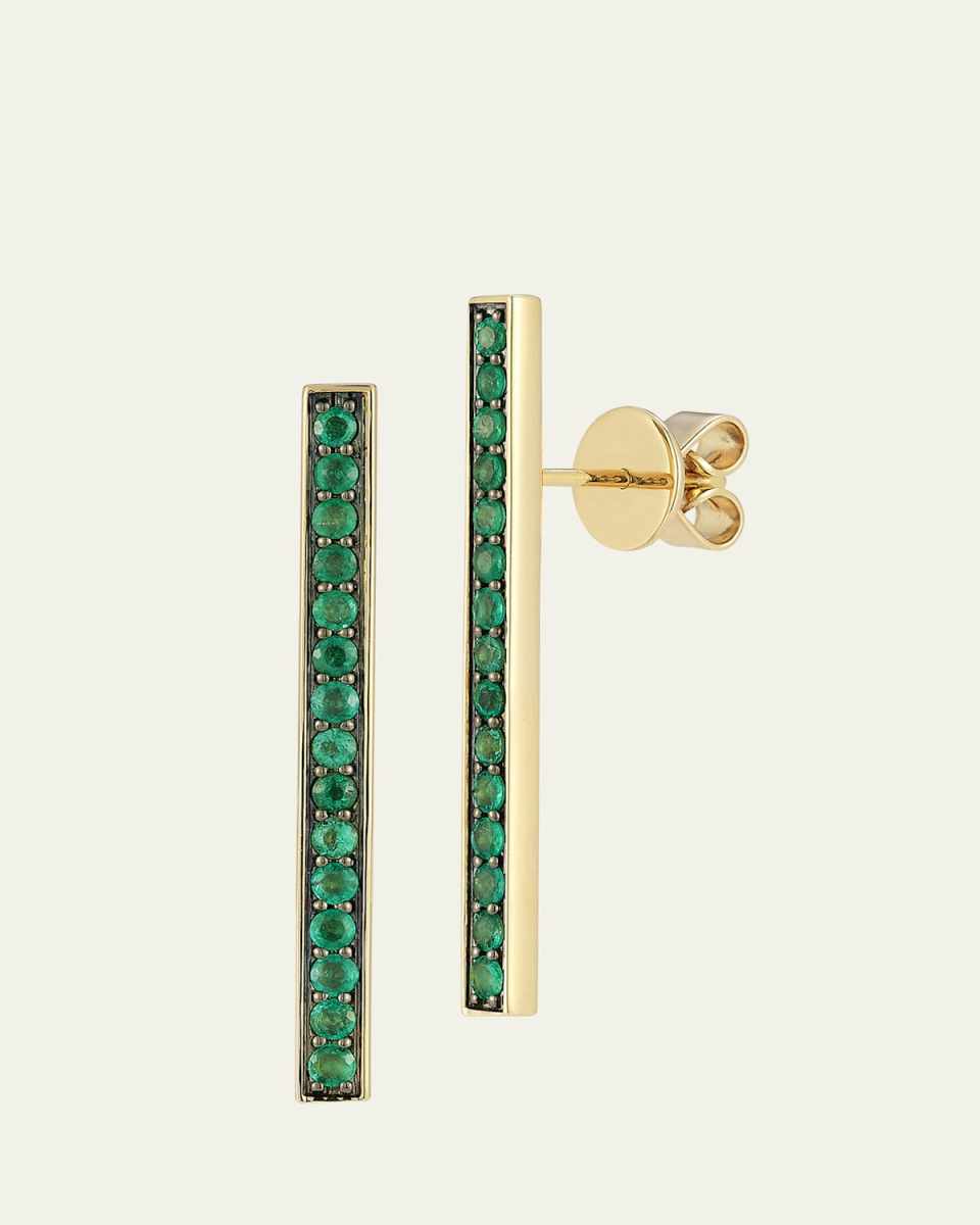 18K Yellow Gold and Green Emerald Bar Earrings