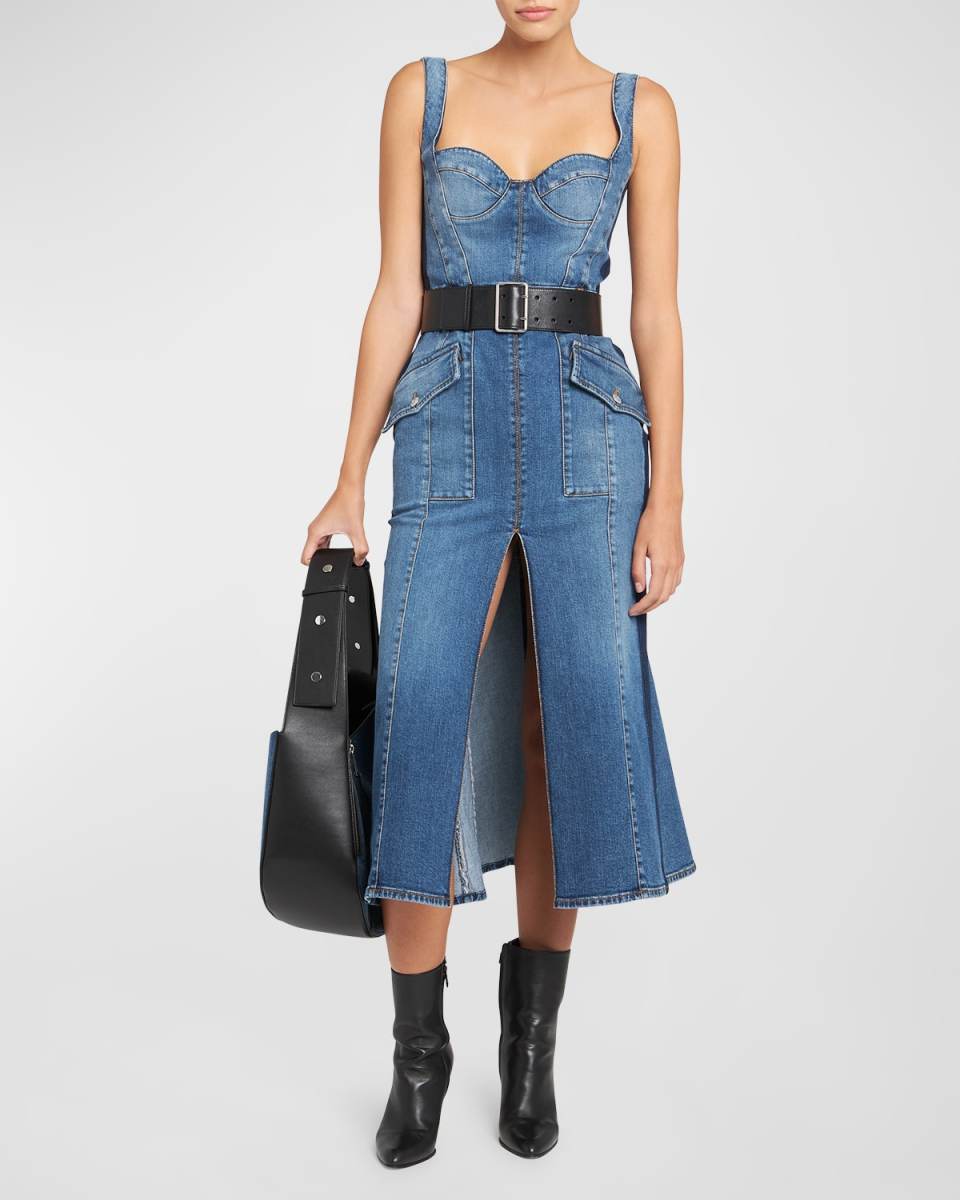 Sculpted Bust Denim Midi Dress with Front Slit