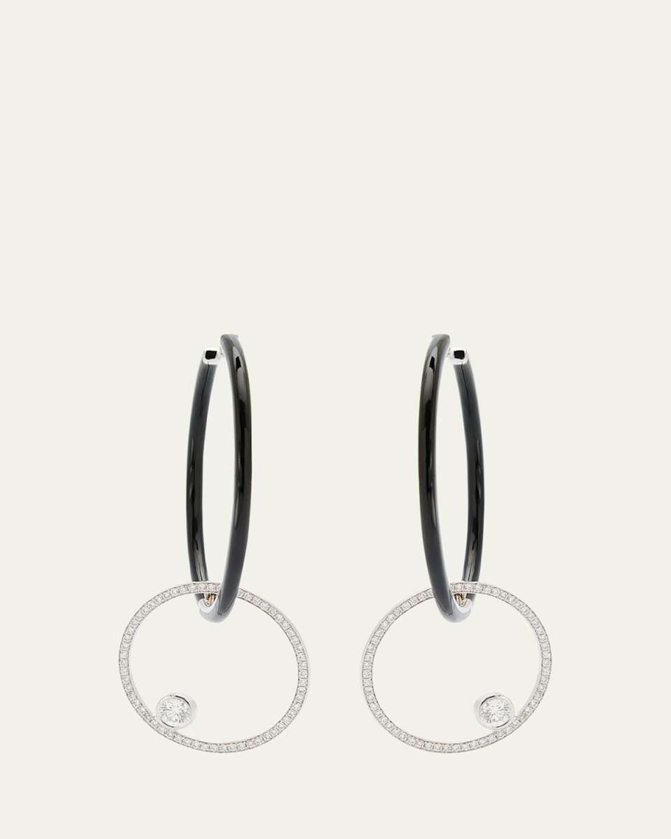 Oui Black Enamel Hoop Earrings with Pave Ring and Round Diamonds