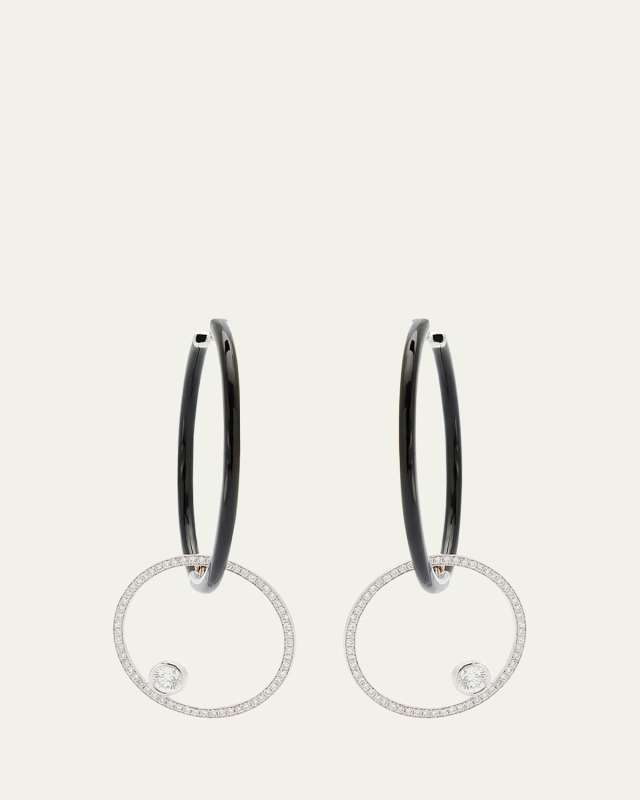 Oui Black Enamel Hoop Earrings with Pave Ring and Round Diamonds